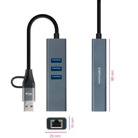 Nanocable Conversor USB-C y USB-A a Ethernet RJ45 y 3xUSB-A 3.0 Gris 15cm